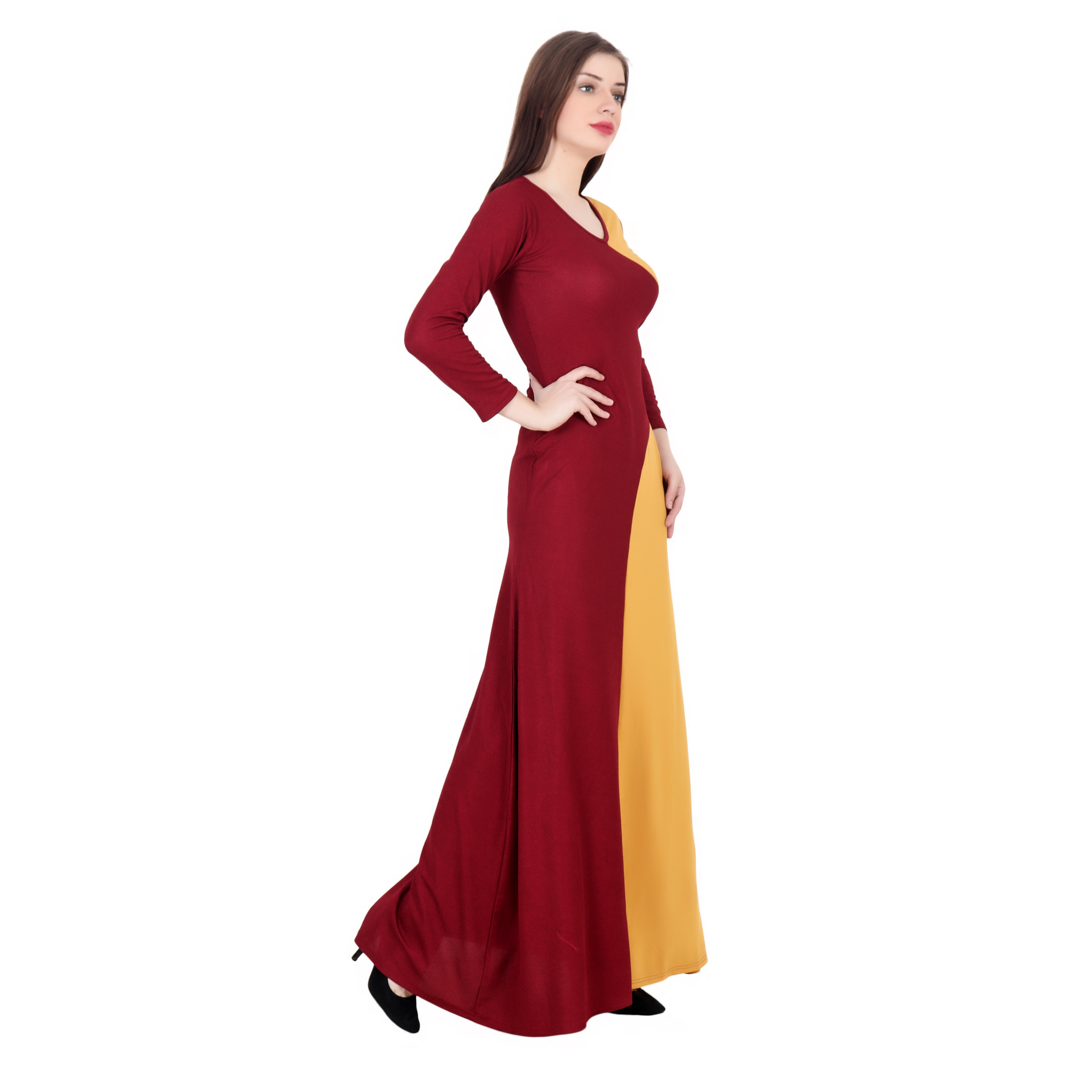 MUSTARD/MAROON CUT OUT MAXI DRESS